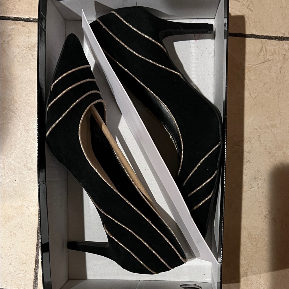 Alfani Black Heels with Gold Stripes